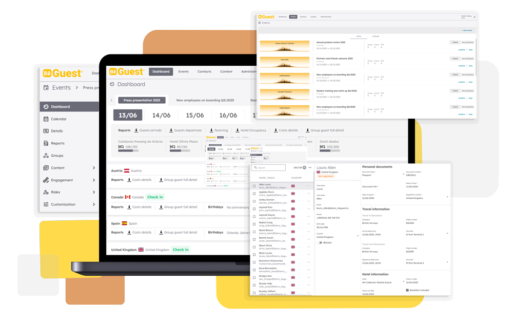 BeGuest event dashboard showing agenda planning and communication tools BeGuest event dashboard showing agenda planning and communication tools
