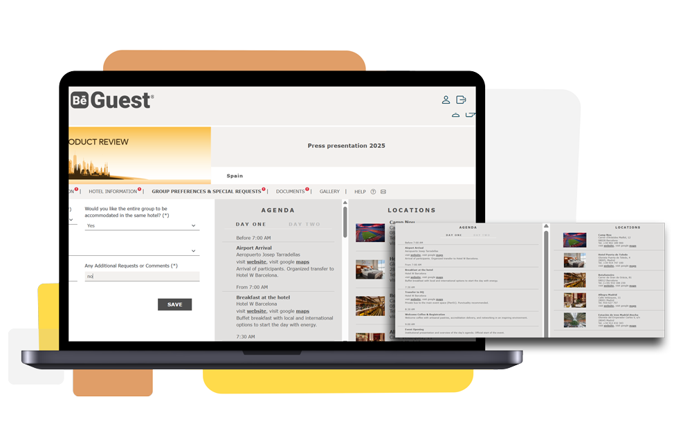 BeGuest event management platform displaying guest portal with personalized data, agendas, documents, and location access BeGuest event management platform displaying guest portal with personalized data, agendas, documents, and location access