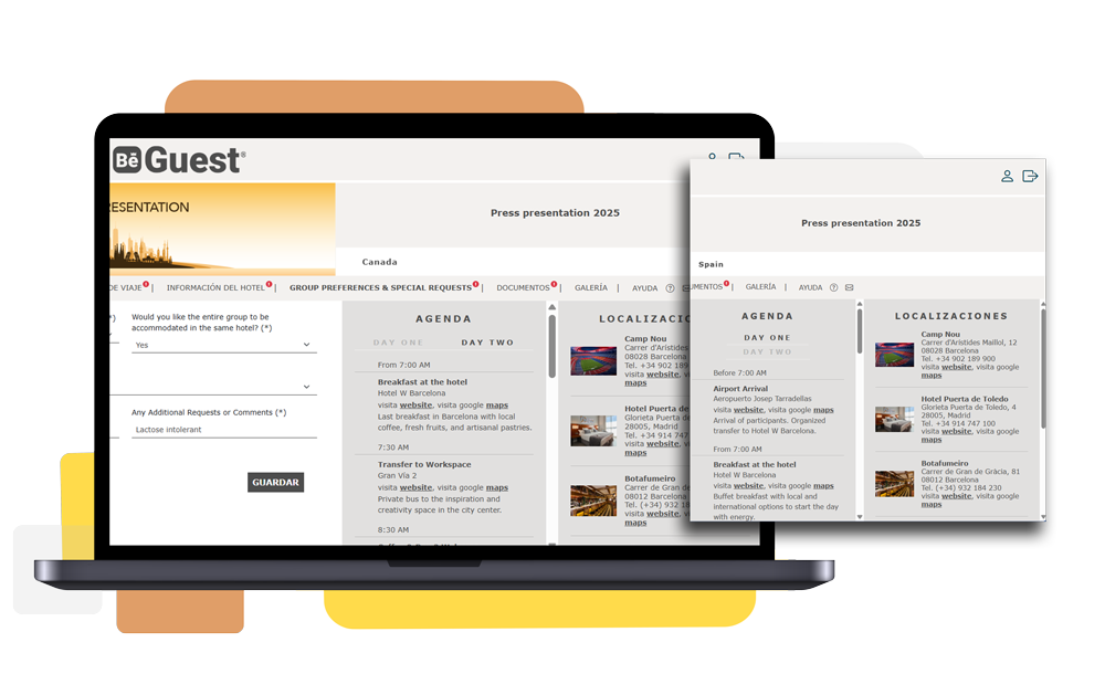 Plataforma de gestión de eventos BeGuest mostrando el portal de invitados con información personalizada de cada asistente Plataforma de gestión de eventos BeGuest mostrando el portal de invitados con información personalizada de cada asistente