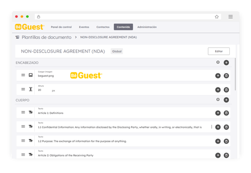Editor visual BeGuest para crear y personalizar documentos y contratos de firma digital para eventos Editor visual BeGuest para crear y personalizar documentos y contratos de firma digital para eventos