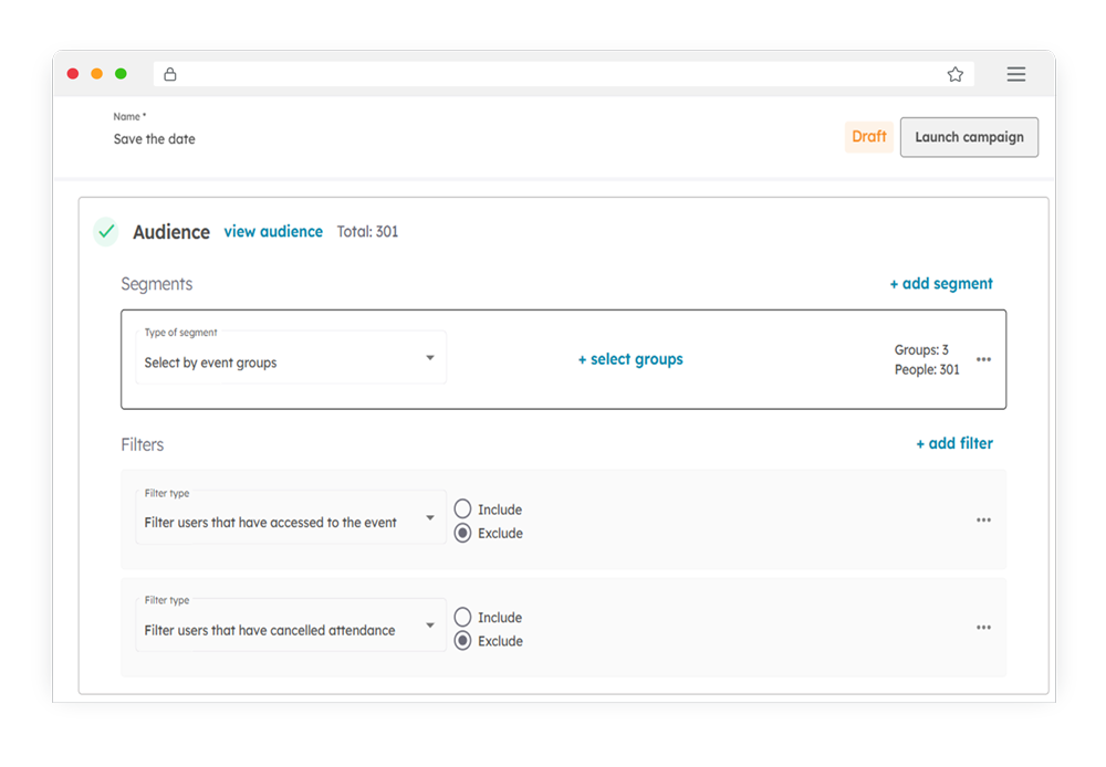 BeGuest platform interface for email audience segmentation and personalized event campaigns