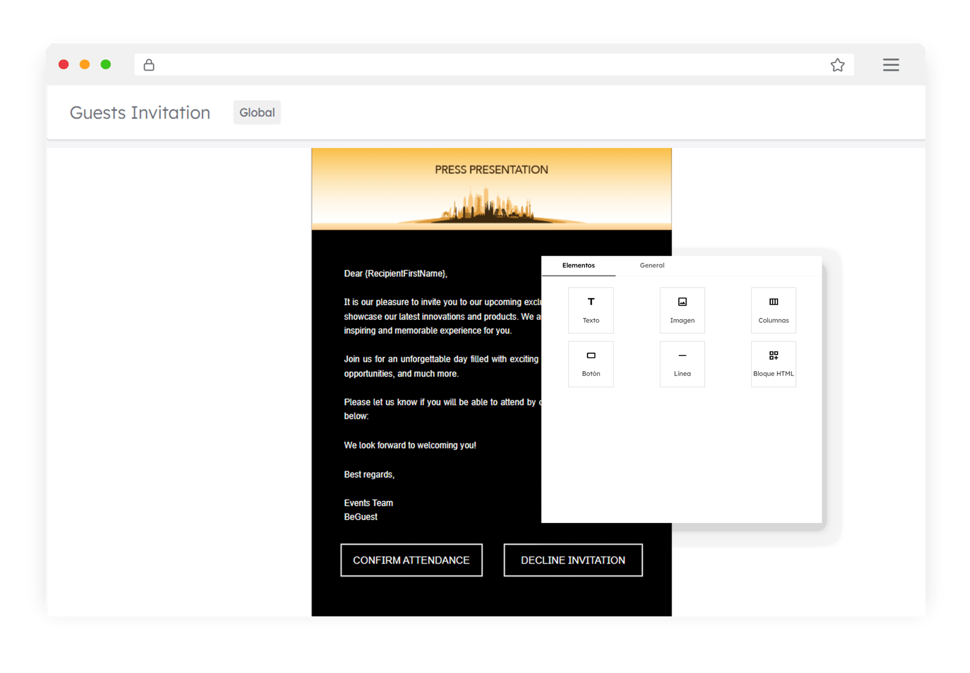 Editor visual de BeGuest para diseñar y adaptar plantillas de email profesionales para eventos Editor visual de BeGuest para diseñar y adaptar plantillas de email profesionales para eventos