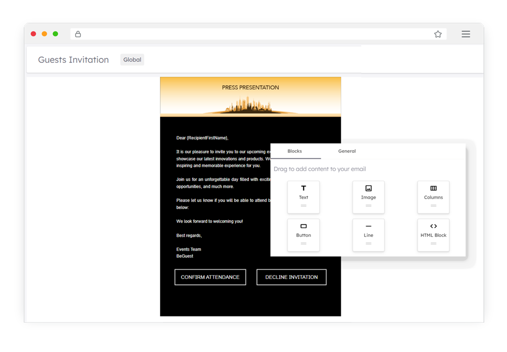 BeGuest visual editor for designing and customizing professional event email campaigns BeGuest visual editor for designing and customizing professional event email campaigns