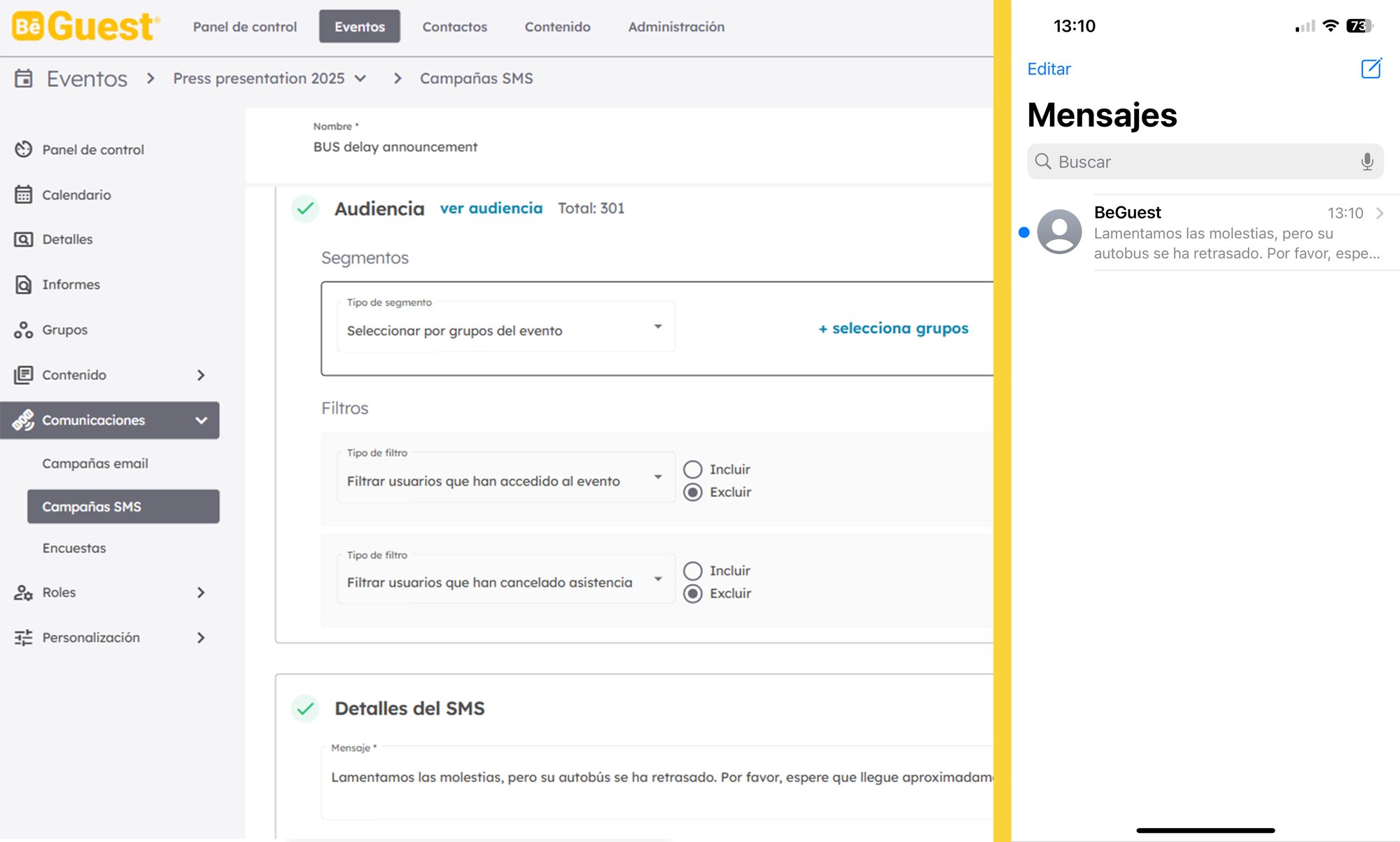 Plataforma BeGuest mostrando envío de mensajes SMS a grupos de invitados para eventos Plataforma BeGuest mostrando envío de mensajes SMS a grupos de invitados para eventos