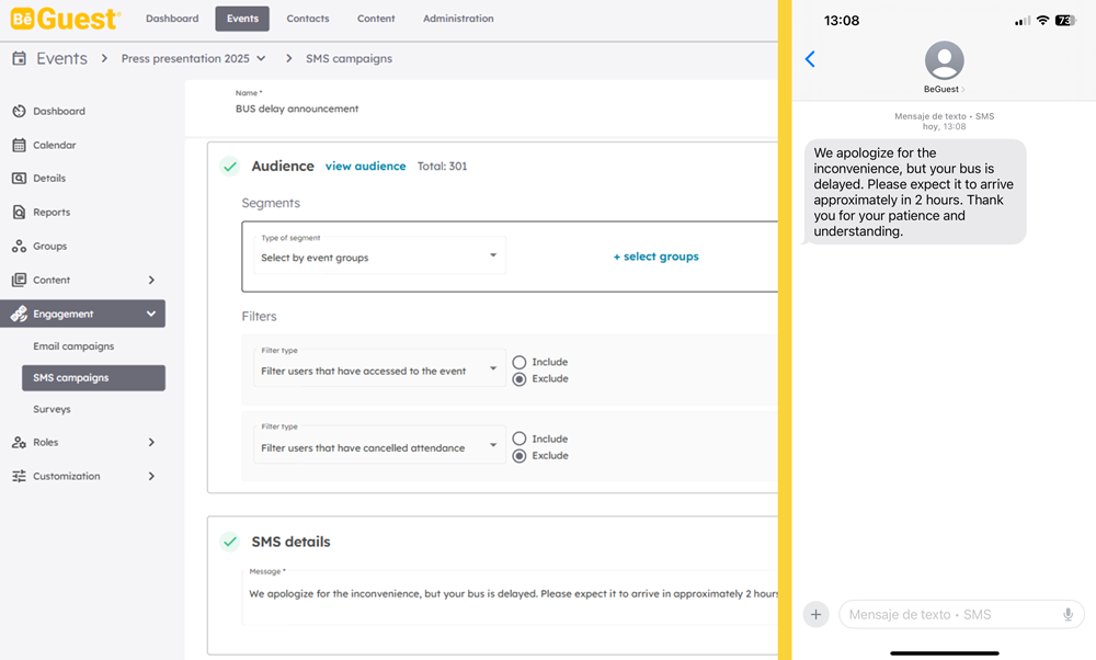BeGuest event management dashboard displaying SMS campaign setup and recipient selection BeGuest event management dashboard displaying SMS campaign setup and recipient selection