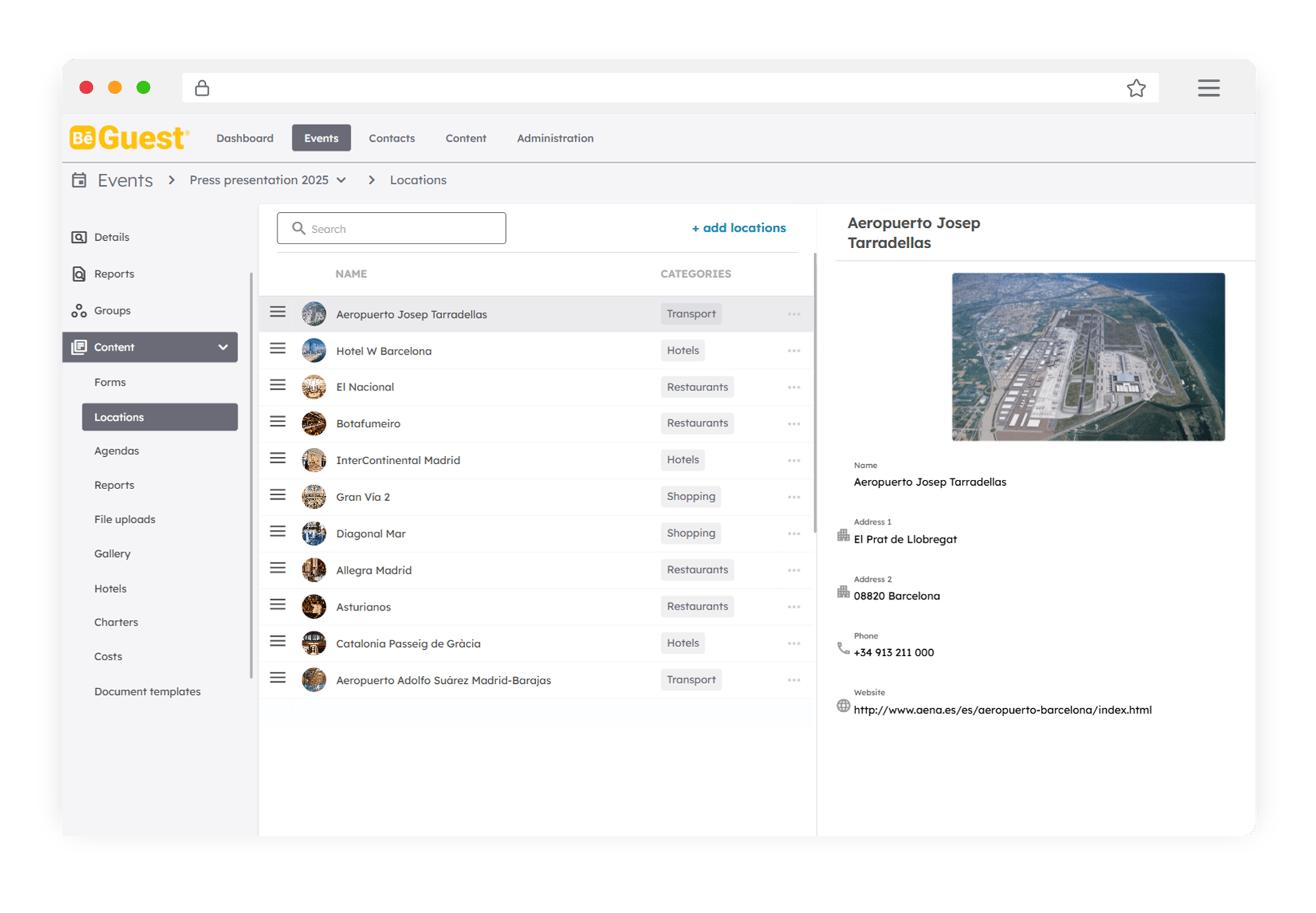 Organize event location data with categories for hotels, venues, and airports in BeGuest Organize event location data with categories for hotels, venues, and airports in BeGuest