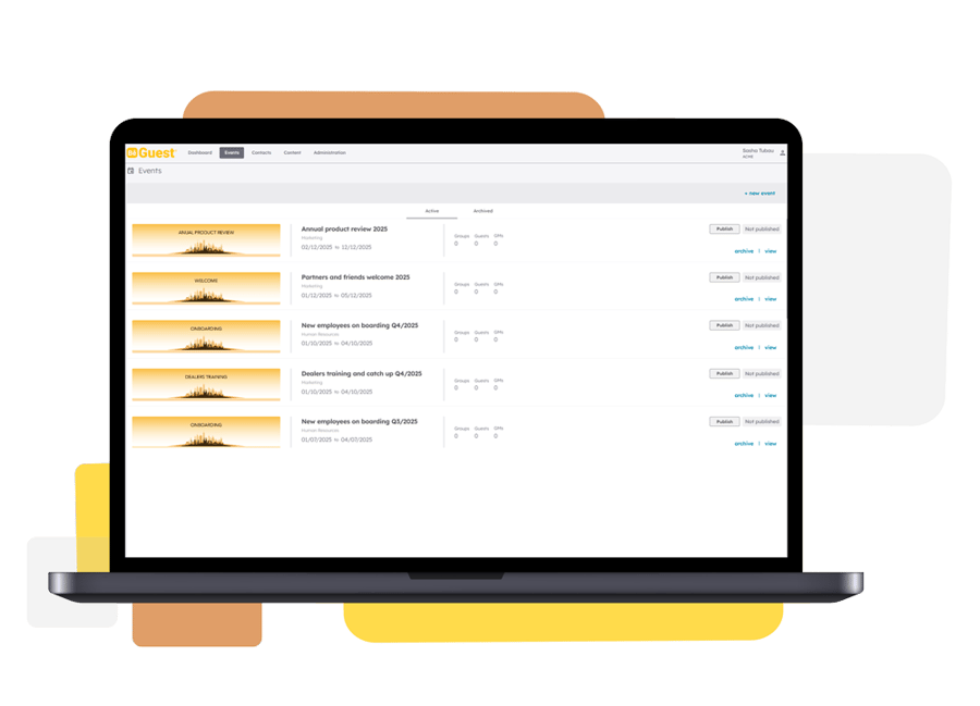 BeGuest platform interface for creating attendee groups and coordinating sessions for back-to-back events BeGuest platform interface for creating attendee groups and coordinating sessions for back-to-back events