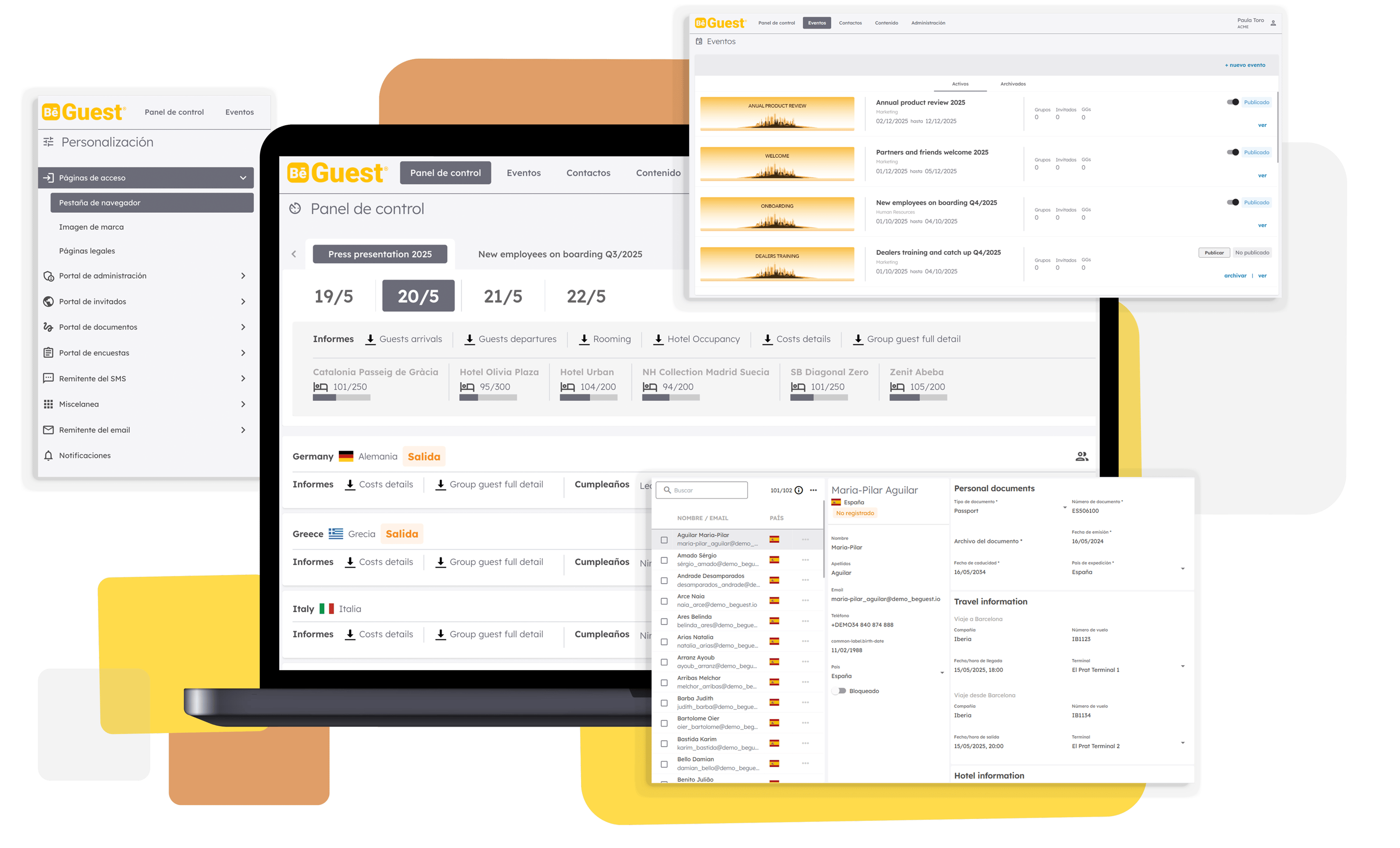 Panel de control de la plataforma de gestión de eventos BeGuest con funciones como agendas y herramientas de comunicació Panel de control de la plataforma de gestión de eventos BeGuest con funciones como agendas y herramientas de comunicació