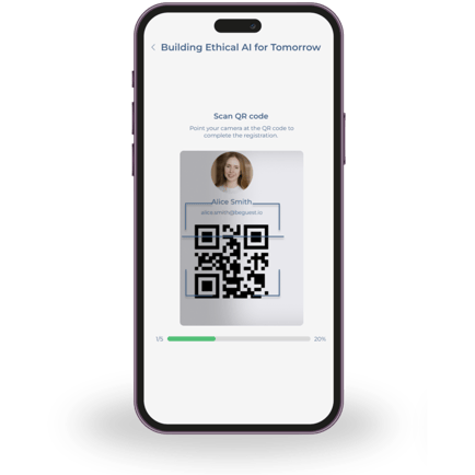 Pantalla de check-in con QR en la app de eventos de BeGuest mostrando la acreditación de un invitado