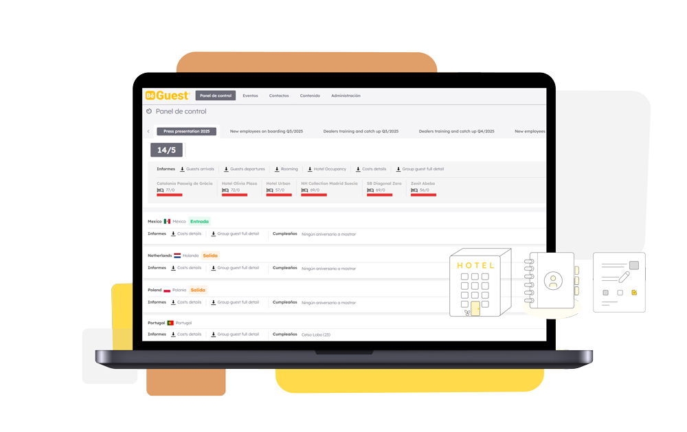 Panel de BeGuest que centraliza formularios, reservas de hotel, agendas y comunicaciones con asistentes Panel de BeGuest que centraliza formularios, reservas de hotel, agendas y comunicaciones con asistentes