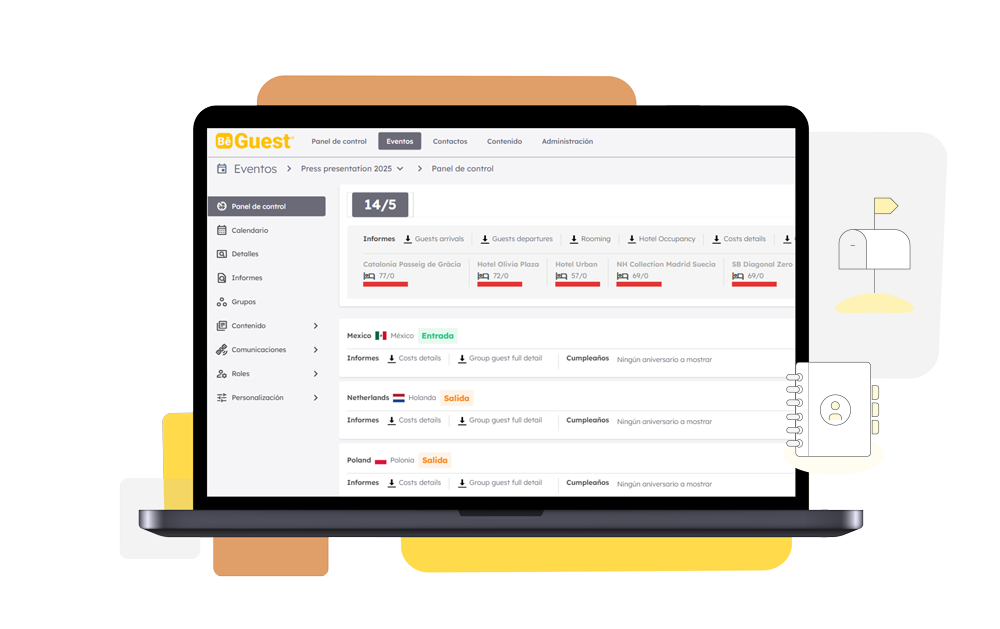 Panel de control del software de gestión de eventos BeGuest para automatizar procesos y ahorrar tiempo en la organización de eventos Panel de control del software de gestión de eventos BeGuest para automatizar procesos y ahorrar tiempo en la organización de eventos