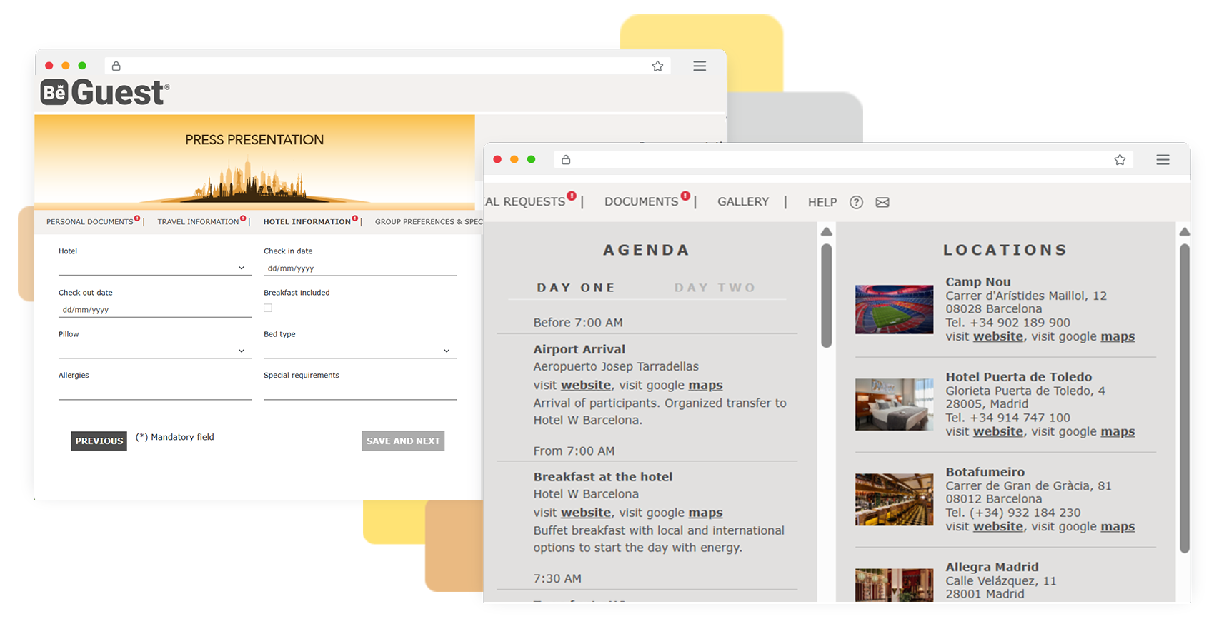 Guest portal for events providing instant access to agendas, forms, documents, and venue information Guest portal for events providing instant access to agendas, forms, documents, and venue information