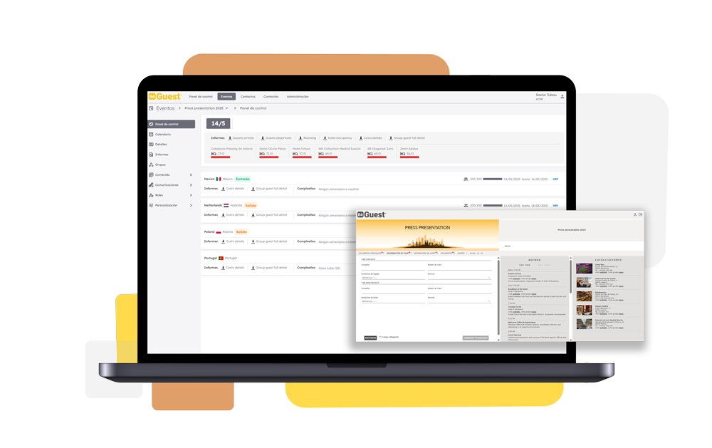 Panel de administración de BeGuest para gestionar eventos con funciones de agenda y portal de invitados Panel de administración de BeGuest para gestionar eventos con funciones de agenda y portal de invitados