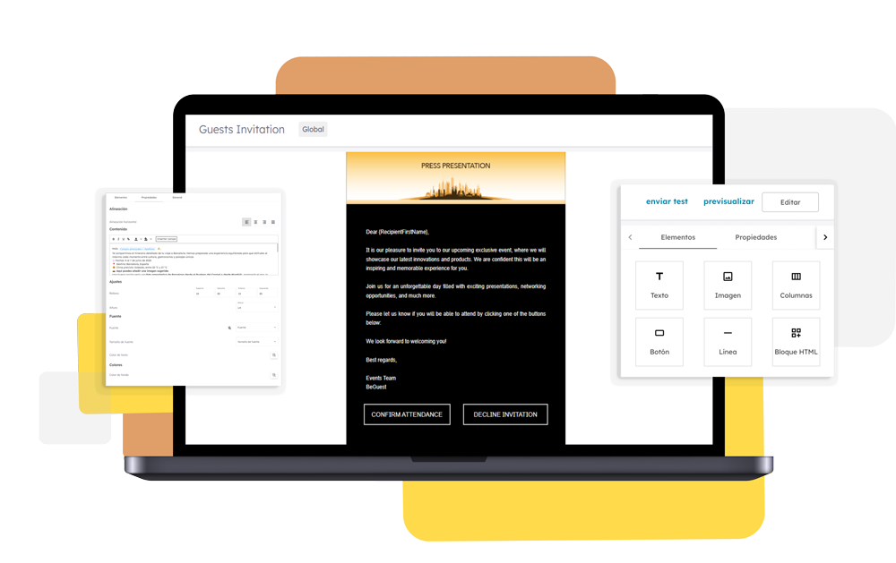 Editor de email para eventos en BeGuest con plantillas personalizables para comunicarte con tus invitados Editor de email para eventos en BeGuest con plantillas personalizables para comunicarte con tus invitados
