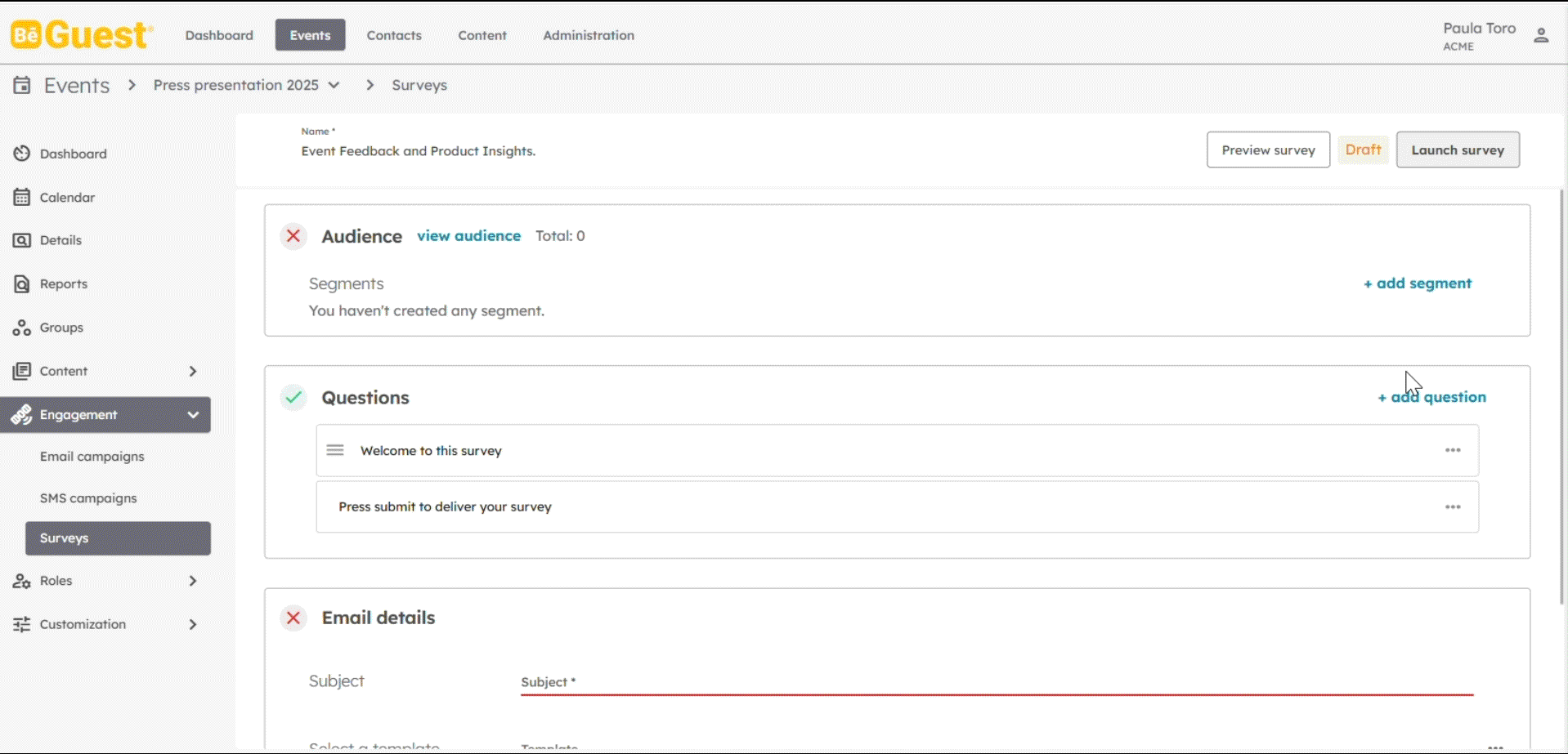 BeGuest platform interface for survey audience segmentation and personalized feedback collection BeGuest platform interface for survey audience segmentation and personalized feedback collection