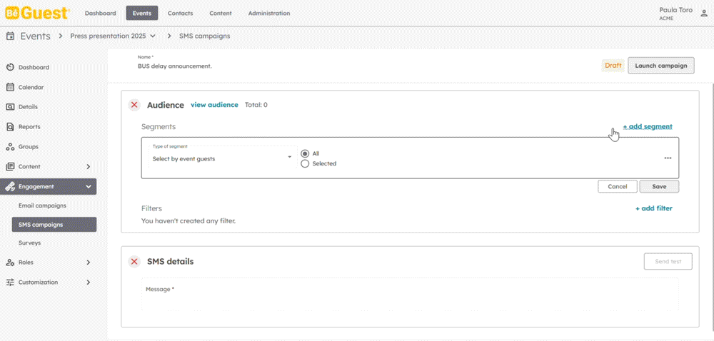 BeGuest platform interface for sending personalized SMS messages to event guest groups BeGuest platform interface for sending personalized SMS messages to event guest groups