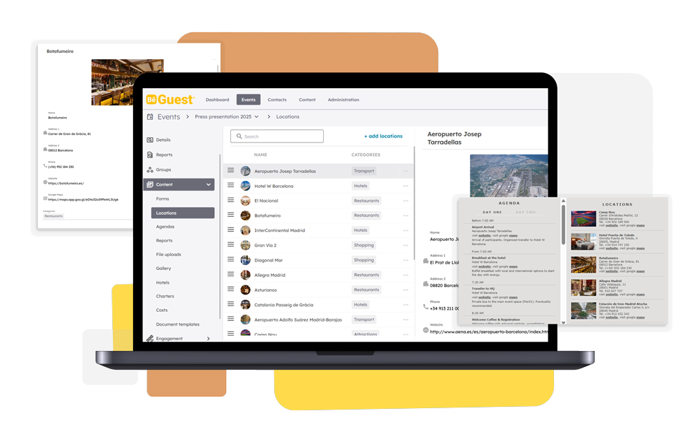 BeGuest dashboard displaying key event locations like hotels, stations, and attractions BeGuest dashboard displaying key event locations like hotels, stations, and attractions