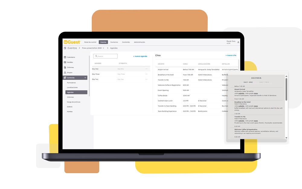 «Software de gestión de eventos BeGuest mostrando la creación de agendas personalizadas para una planificación de eventos «Software de gestión de eventos BeGuest mostrando la creación de agendas personalizadas para una planificación de eventos