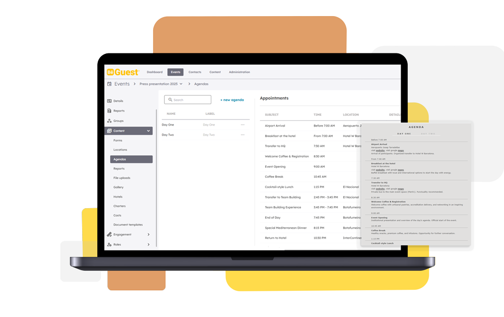BeGuest event management software showing how to create personalized agendas and daily schedules for successful event planning BeGuest event management software showing how to create personalized agendas and daily schedules for successful event planning