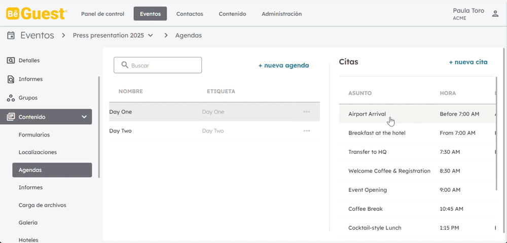 Plataforma BeGuest gestionando citas e información detallada para cada actividad y localización en eventos Plataforma BeGuest gestionando citas e información detallada para cada actividad y localización en eventos