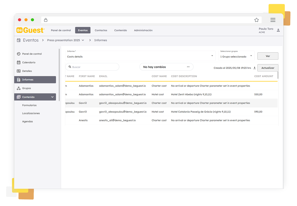 Panel de control de BeGuest para monitorizar costes de eventos y ajustar el presupuesto en tiempo real Panel de control de BeGuest para monitorizar costes de eventos y ajustar el presupuesto en tiempo real