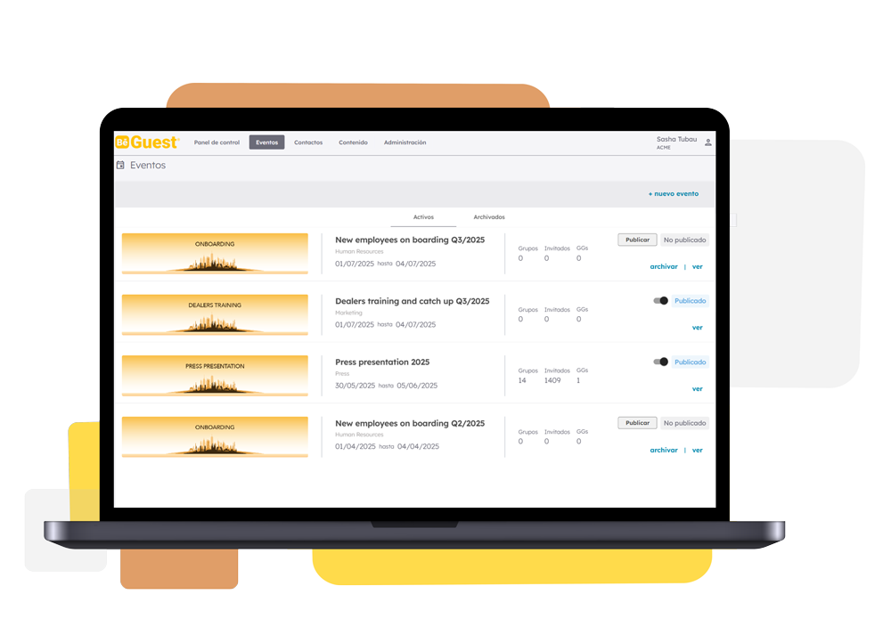 Pantalla de BeGuest para crear grupos de asistentes y coordinar sesiones en eventos Back to Back Pantalla de BeGuest para crear grupos de asistentes y coordinar sesiones en eventos Back to Back
