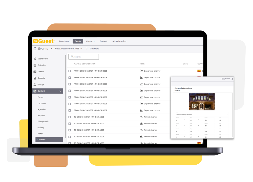 BeGuest event management software dashboard to organize hotel bookings and charter transfers for back-to-back events BeGuest event management software dashboard to organize hotel bookings and charter transfers for back-to-back events