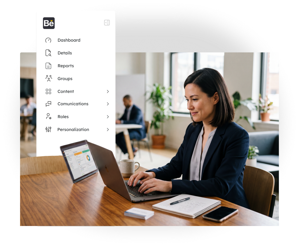 Event organiser managing event data and operations from a centralised dashboard on a laptop