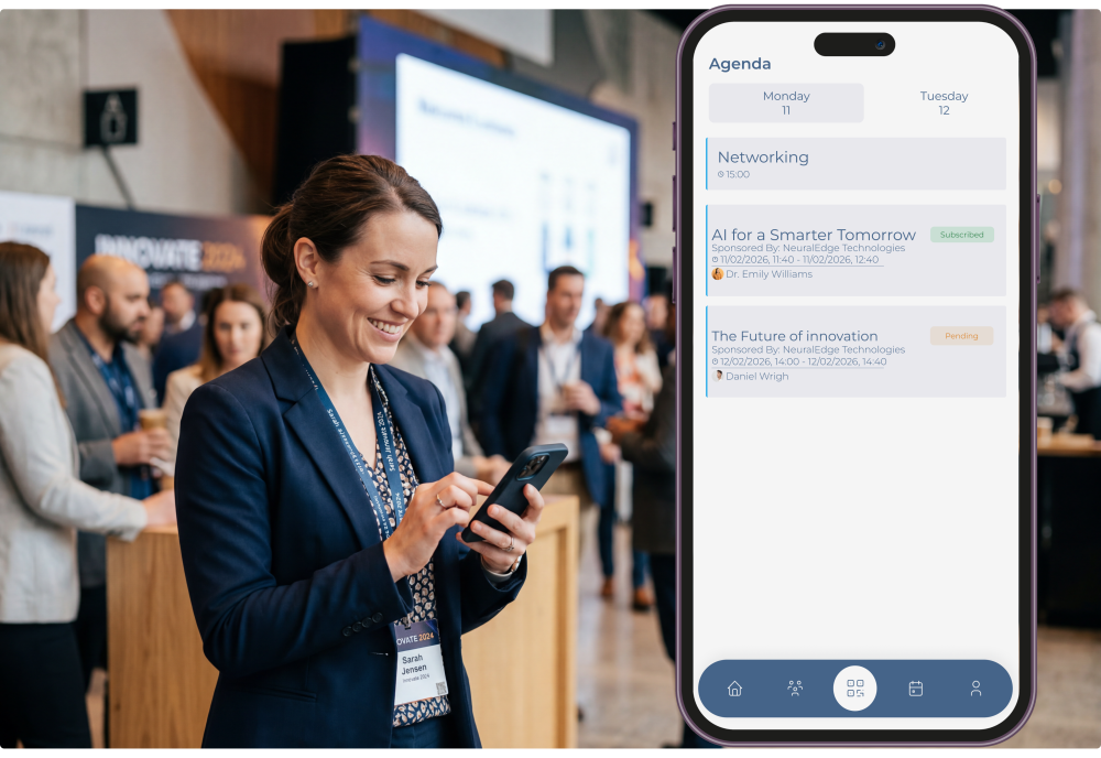 Event attendee using a mobile event app to access agenda and interact during a live event