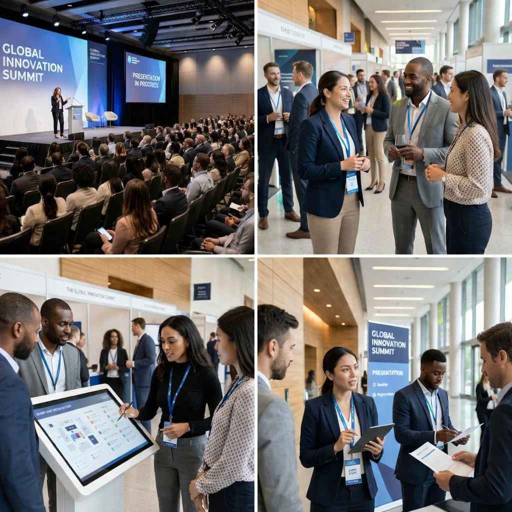 Collage de un evento corporativo con ponencia principal, networking entre asistentes, uso de tecnología para el check-in y profesionales colaborando durante una conferencia