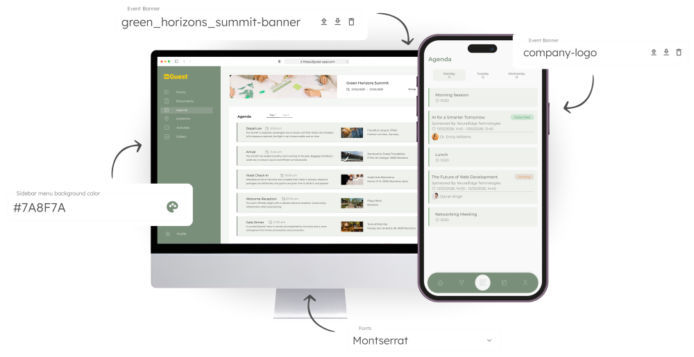 Personalización white label de la plataforma de eventos con branding propio en web y app