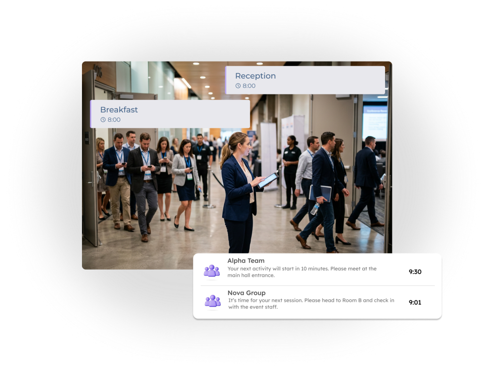 Coordinación de sesiones y comunicación con asistentes en eventos con múltiples grupos