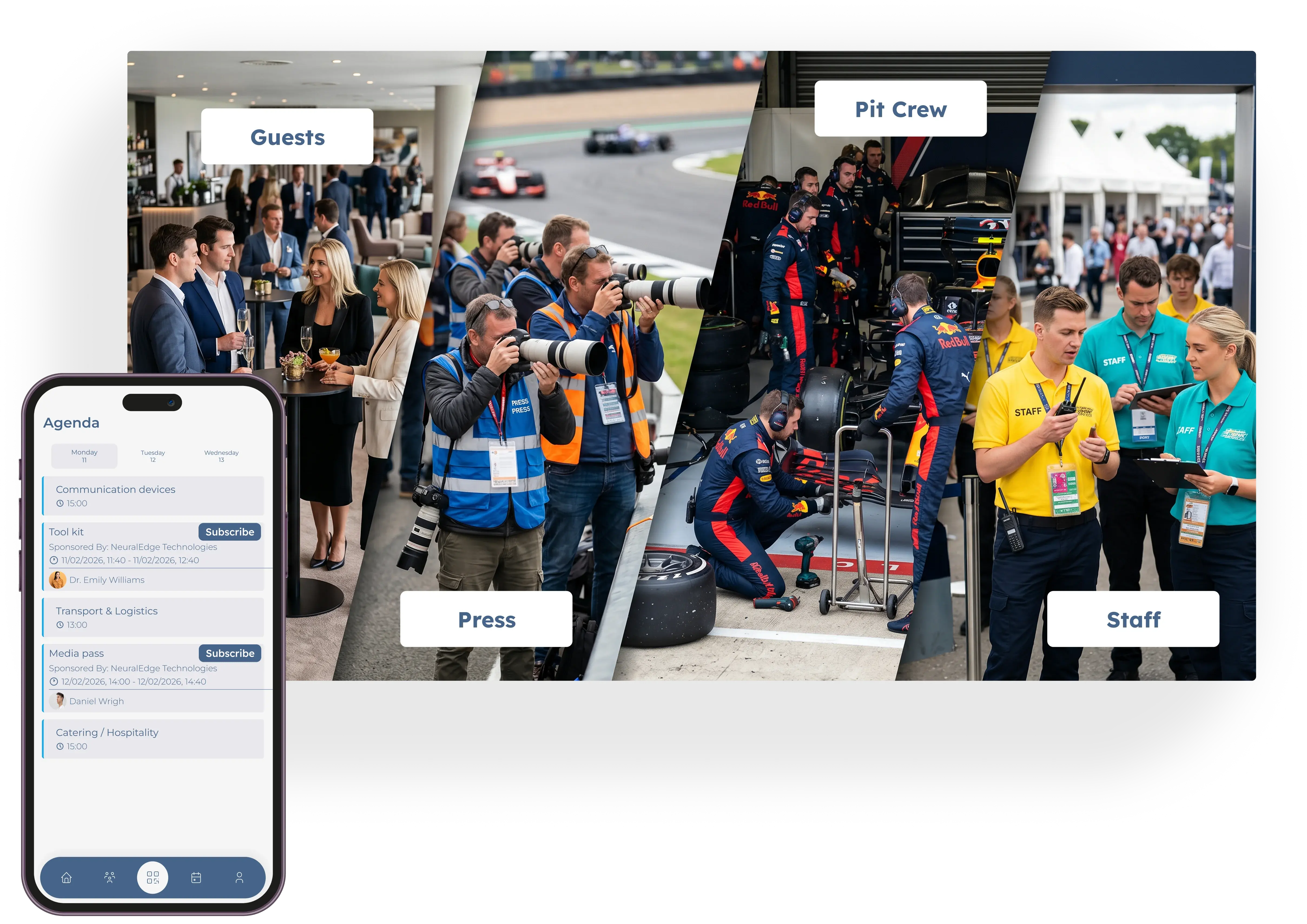 Segmentación de públicos en eventos deportivos: invitados, prensa, equipo técnico y staff gestionados con agendas y permisos propios en BeGuest