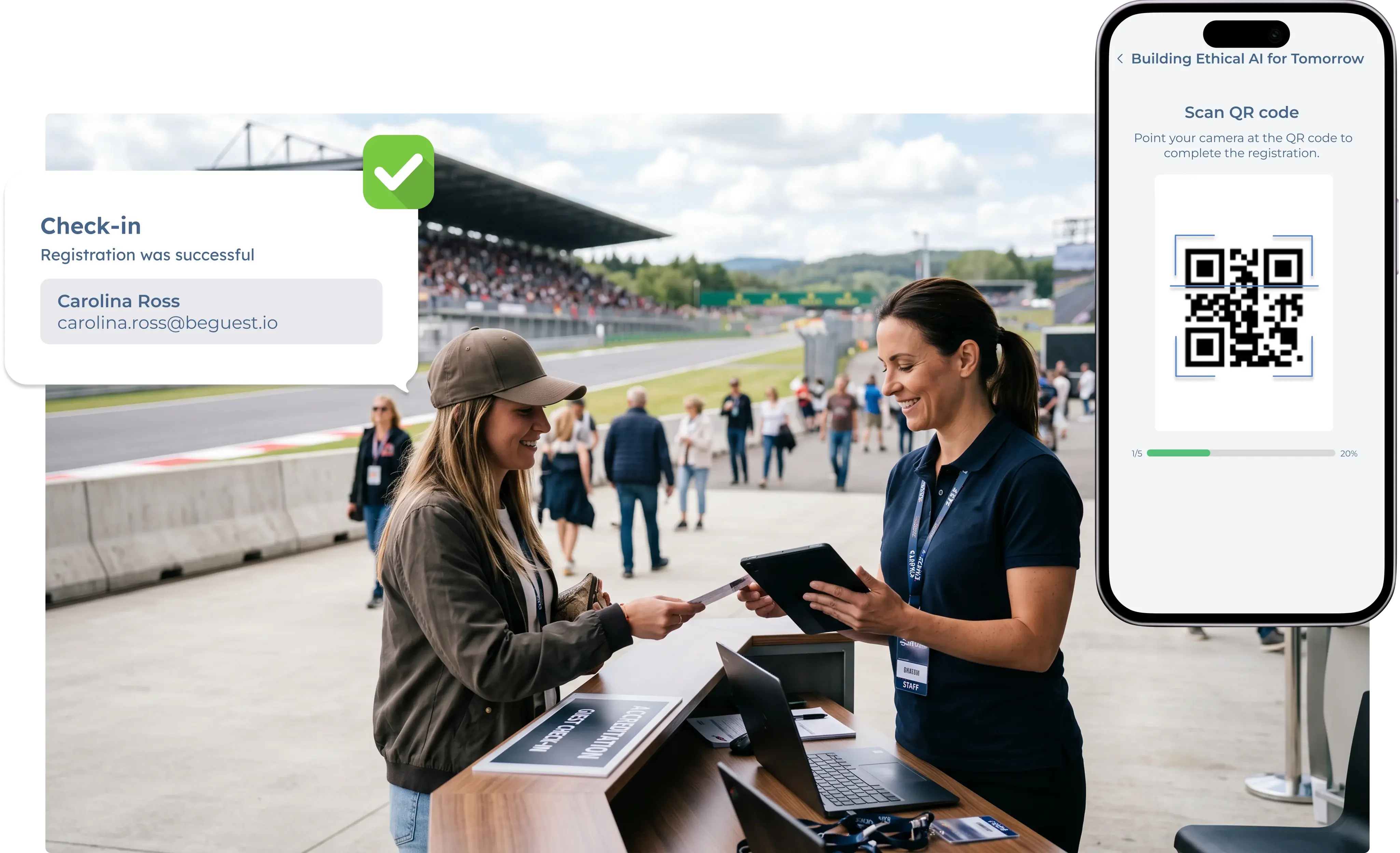 Check-in con código QR individual en evento deportivo: validación instantánea de accesos y control de aforo por zonas en tiempo real
