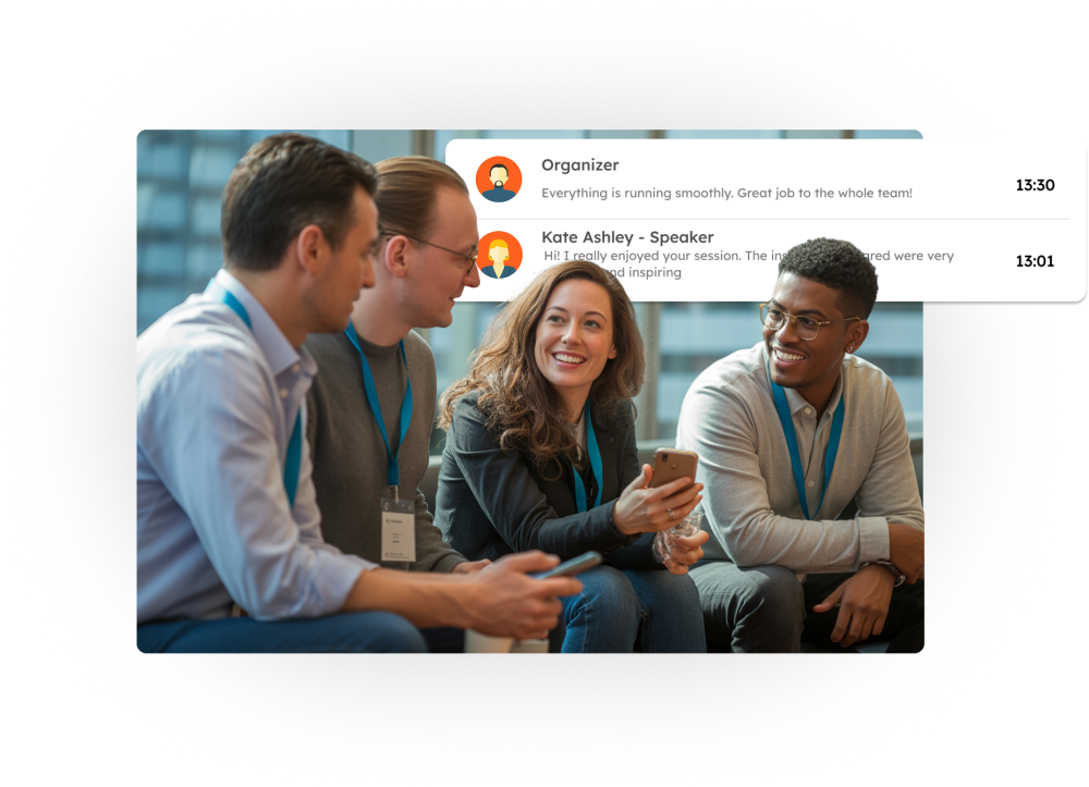 Invitados conversando durante un evento utilizando el chat integrado de la plataforma