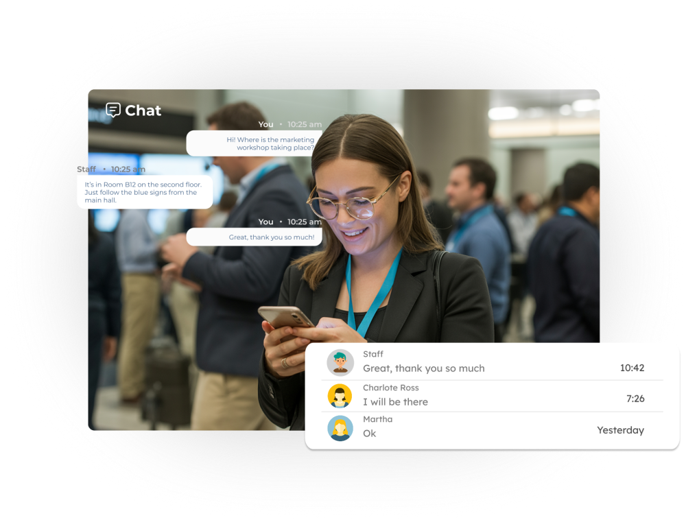 Chat del evento en la app BeGuest para conectar invitados, speakers y organización en tiempo real