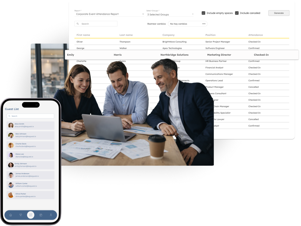 Datos de asistencia del evento listos para análisis con reportes y exportación de información
