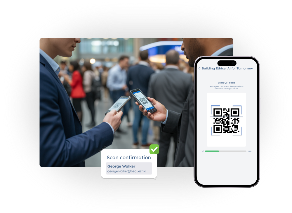 Escaneo de código QR entre asistentes para intercambiar contactos durante un evento