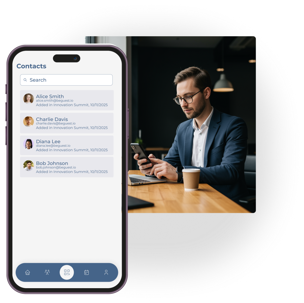Lista de contactos de networking guardada en la app del evento para consultarla después