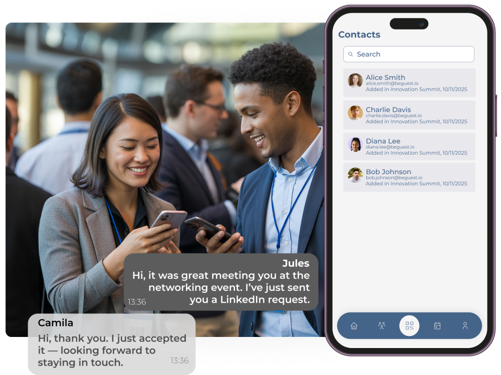 Networking digital en eventos mediante la app de BeGuest para conectar asistentes y compartir contactos