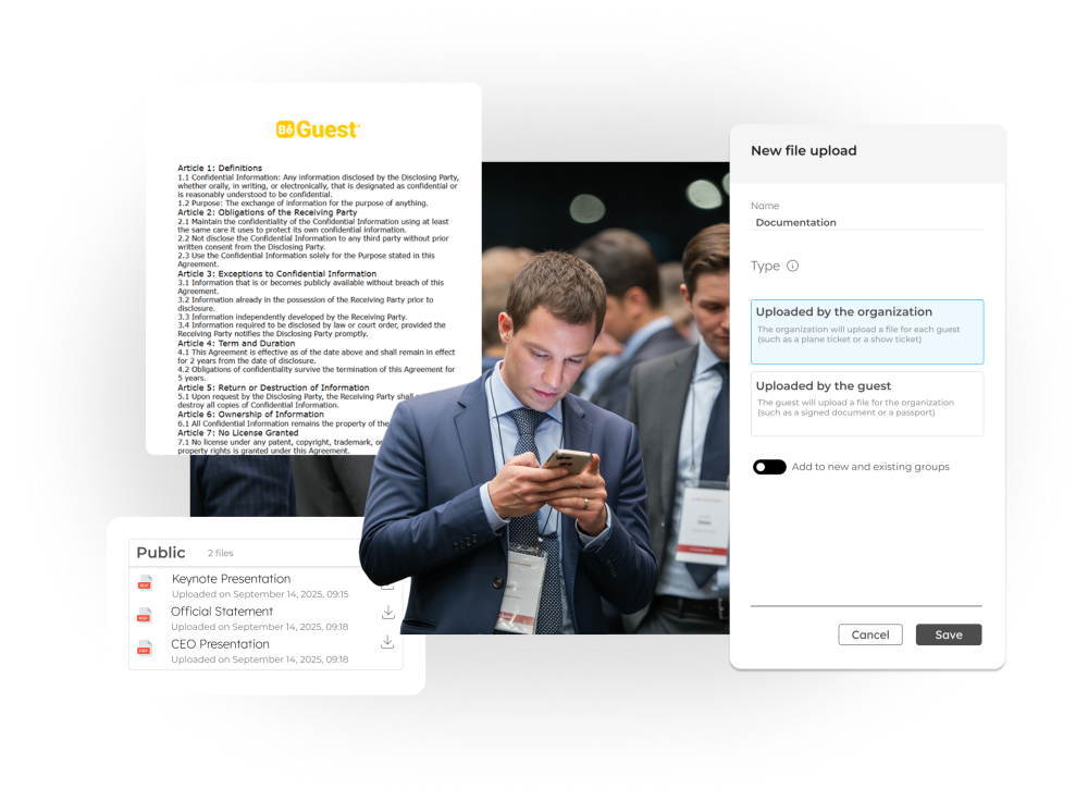 Subida de documentos públicos del evento como agendas, presentaciones y recursos para los invitados