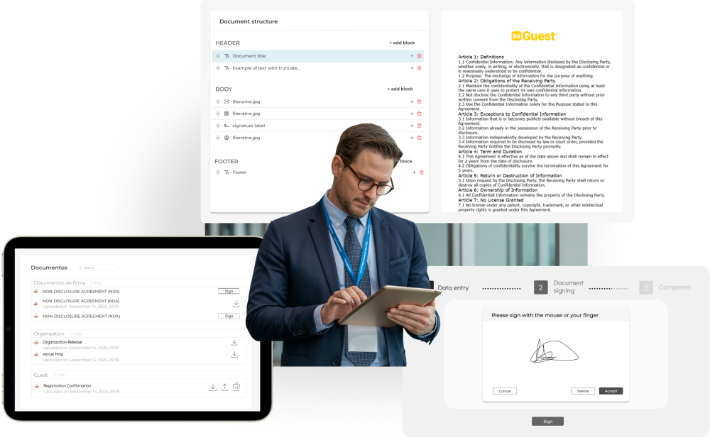 Portal de documentos de BeGuest para gestionar firmas digitales, archivos privados y documentación del evento