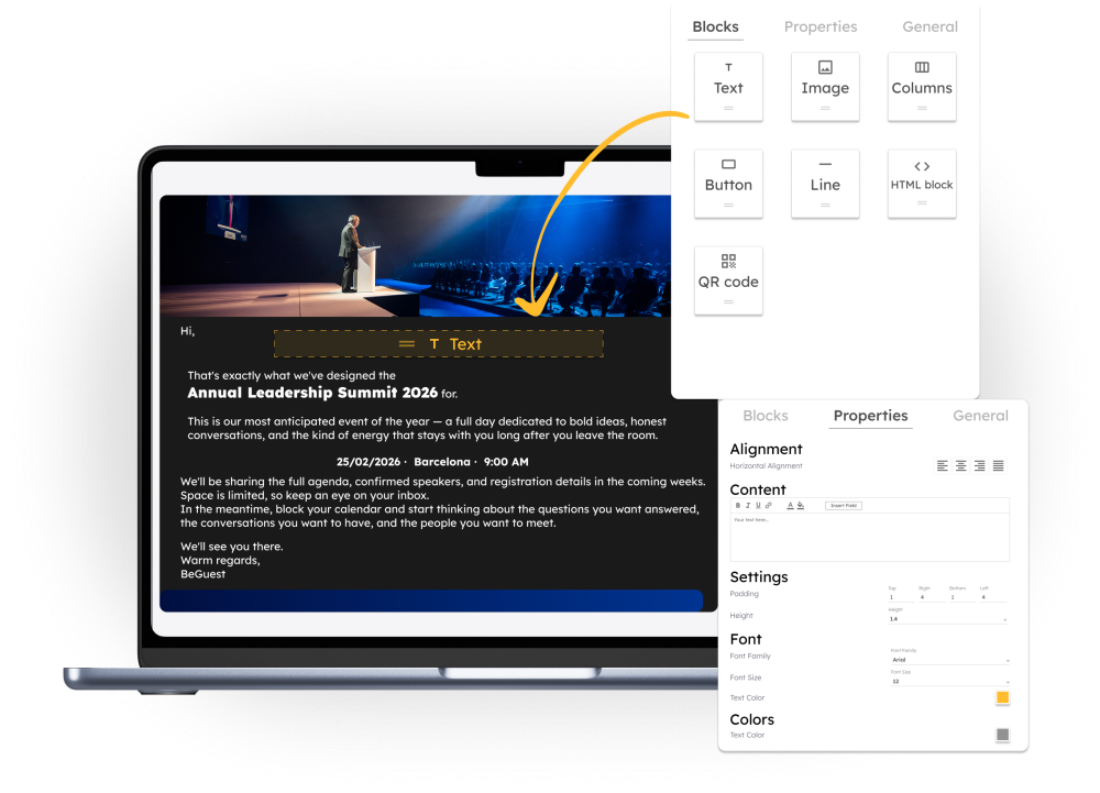 Visual email editor for designing event campaigns with drag-and-drop blocks