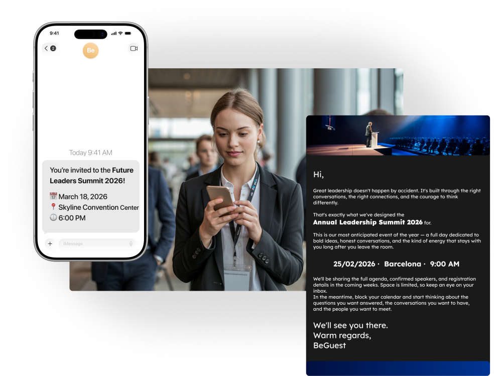 Event guest checking an invitation on mobile via email and SMS communications