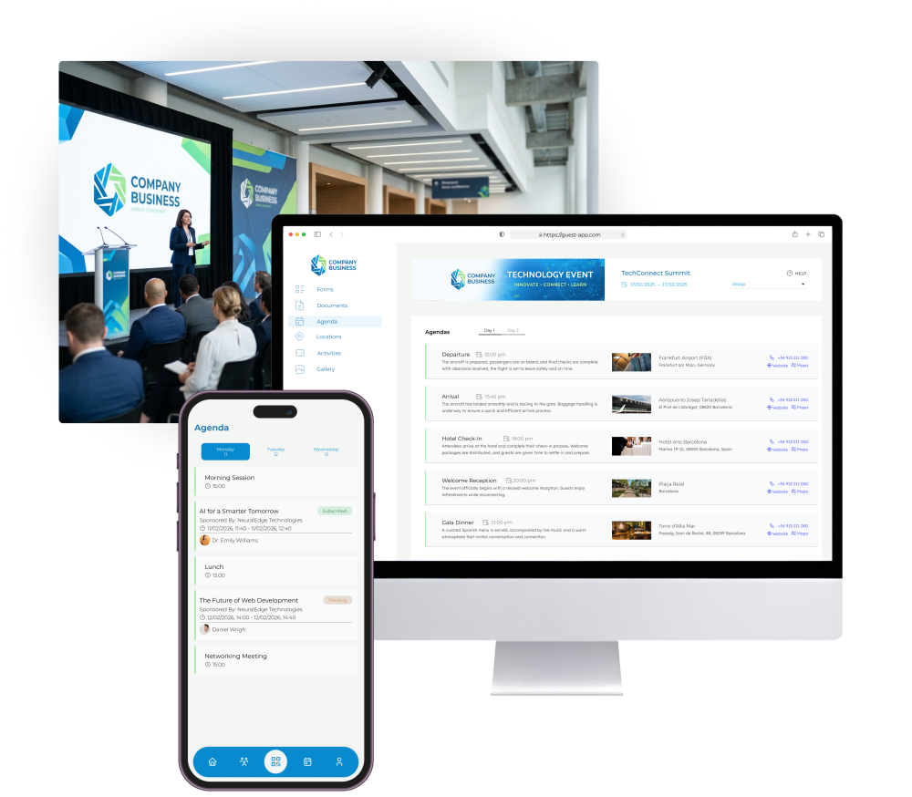 Plataforma de eventos empresariales con personalización de portal, app móvil y comunicaciones de marca