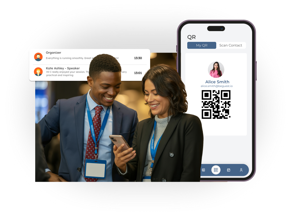 Networking y check-in con código QR dentro de la app del evento para interactuar entre invitados
