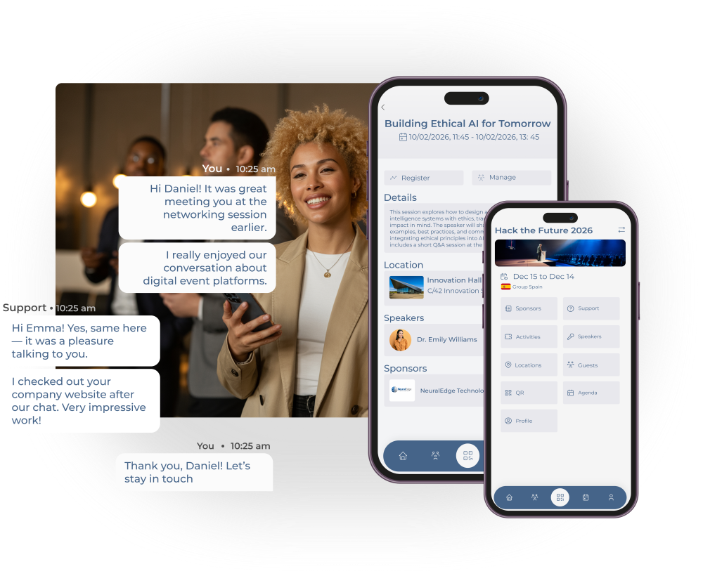 App de eventos BeGuest One que centraliza agenda, networking y comunicación del evento en el móvil