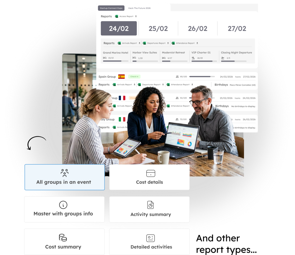 Dashboard de analítica y reporting para eventos corporativos con informes de asistencia y exportación de datos