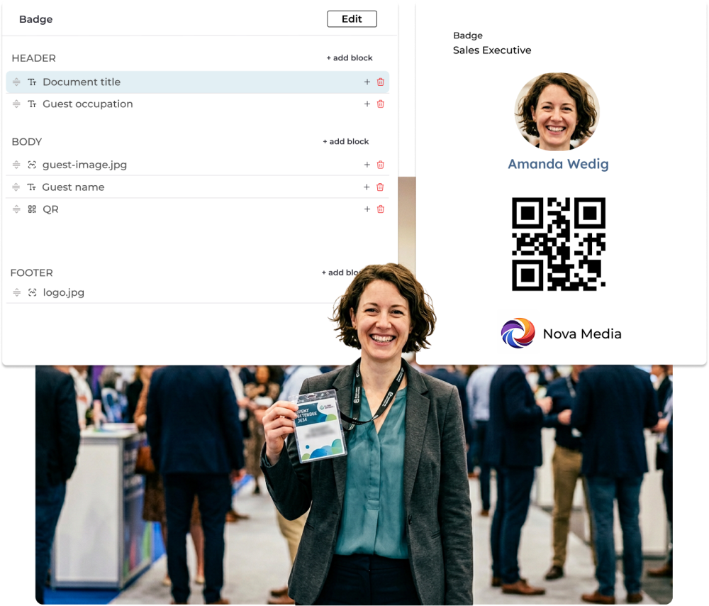 Accreditation system with personalised badges for attendees at trade shows and B2B events