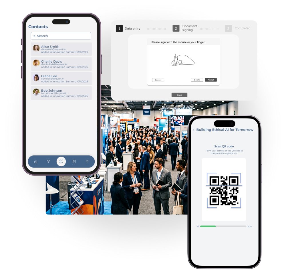 BeGuest platform for managing trade shows and B2B events with attendee registration and QR accreditation